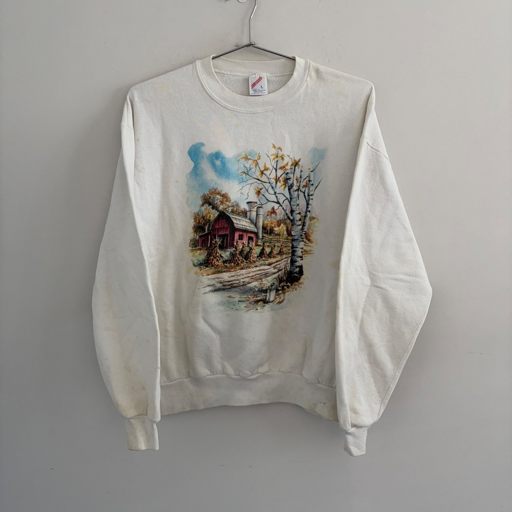 Vintage Jerzees Red Barn Farm Scene Graphic Sweatshirt White Large